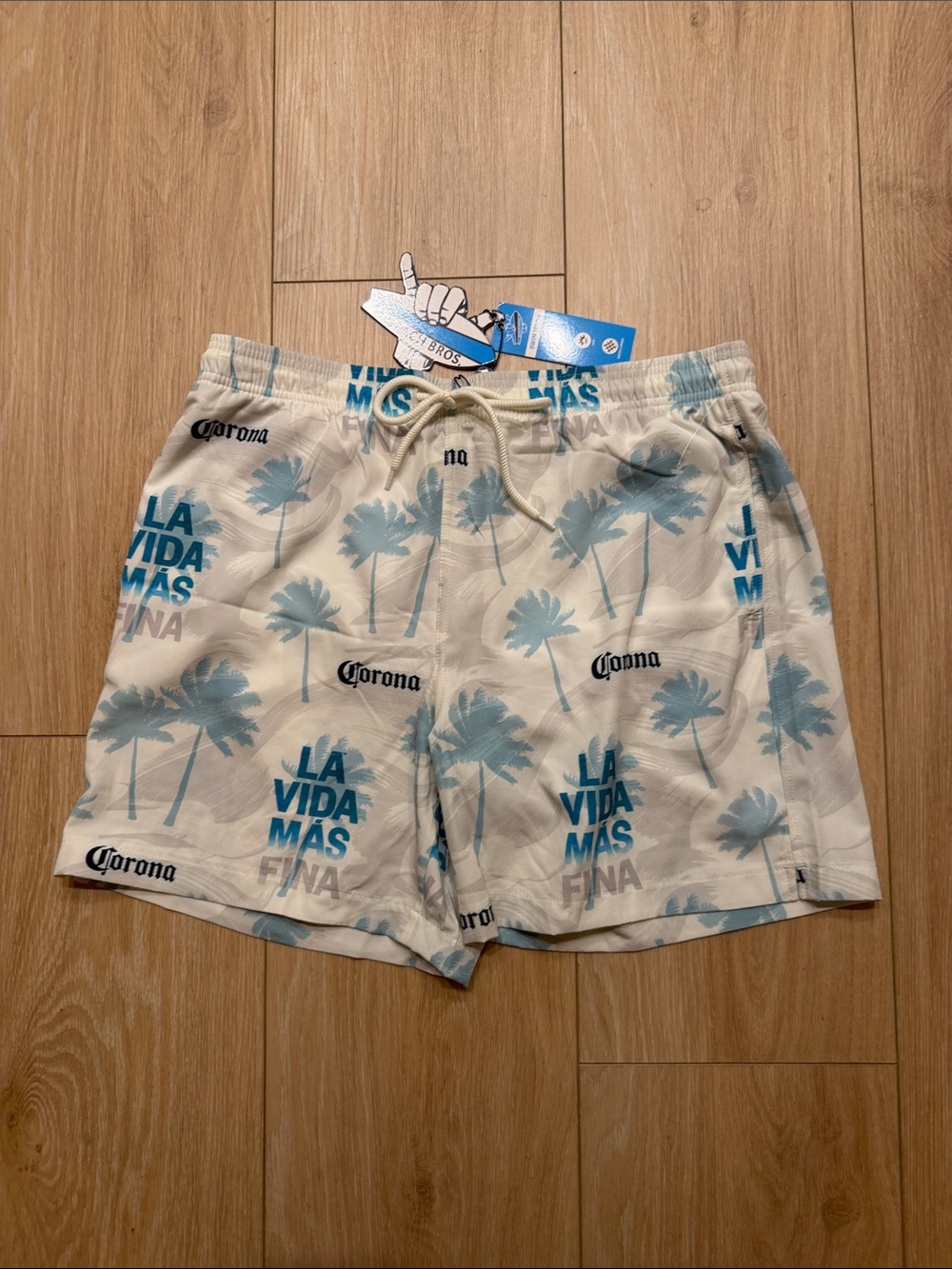 Corona Men’s Cream & Teal Blue Palm-Print Swim Trunks